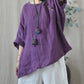 Women Summer Vintage Solid Loose O-Neck Linen Blouse