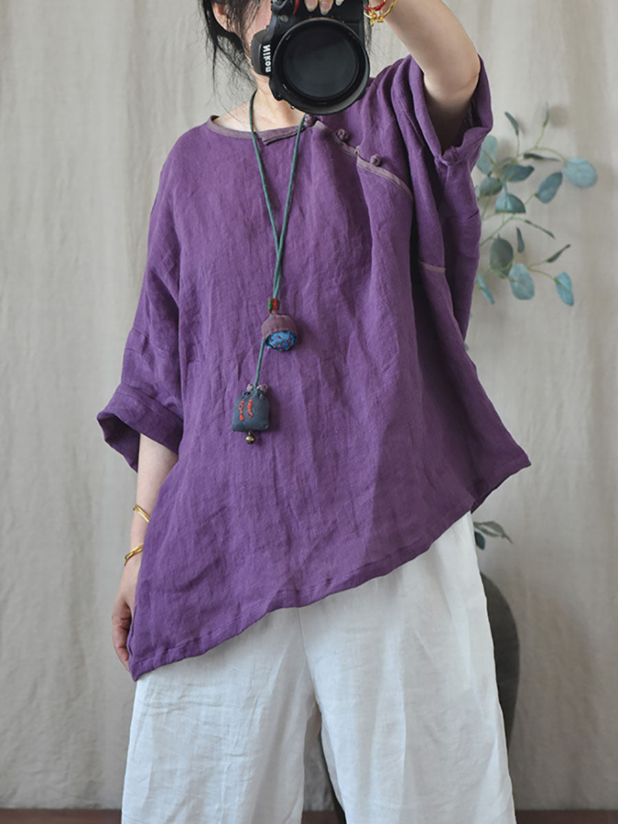 Women Summer Vintage Solid Loose O-Neck Linen Blouse