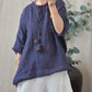 Women Summer Vintage Solid Loose O-Neck Linen Blouse