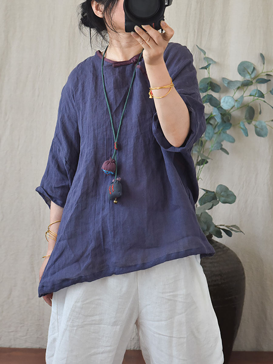 Women Summer Vintage Solid Loose O-Neck Linen Blouse