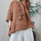 Women Summer Vintage Solid Loose O-Neck Linen Blouse