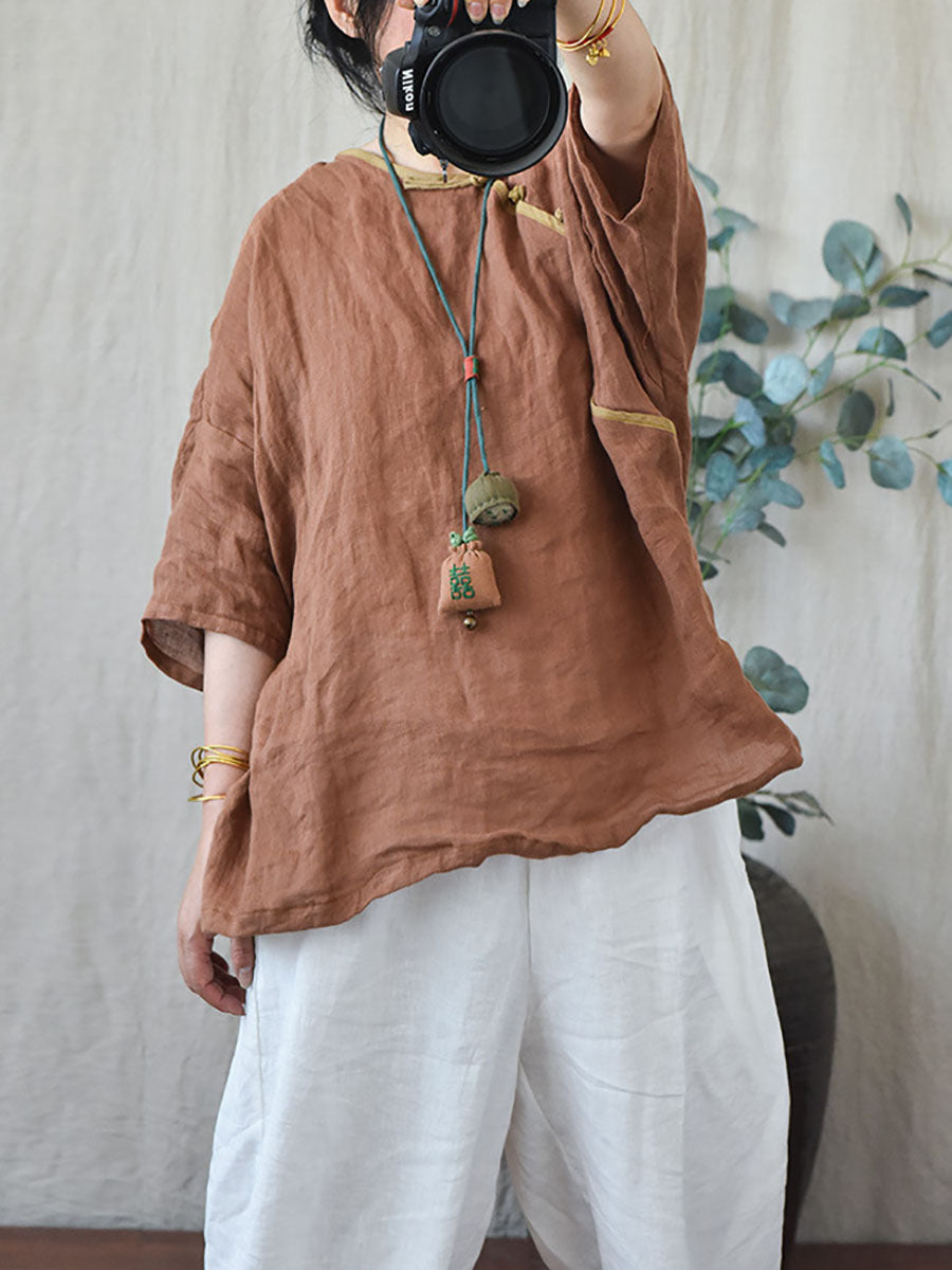 Women Summer Vintage Solid Loose O-Neck Linen Blouse