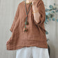 Women Summer Vintage Solid Loose O-Neck Linen Blouse