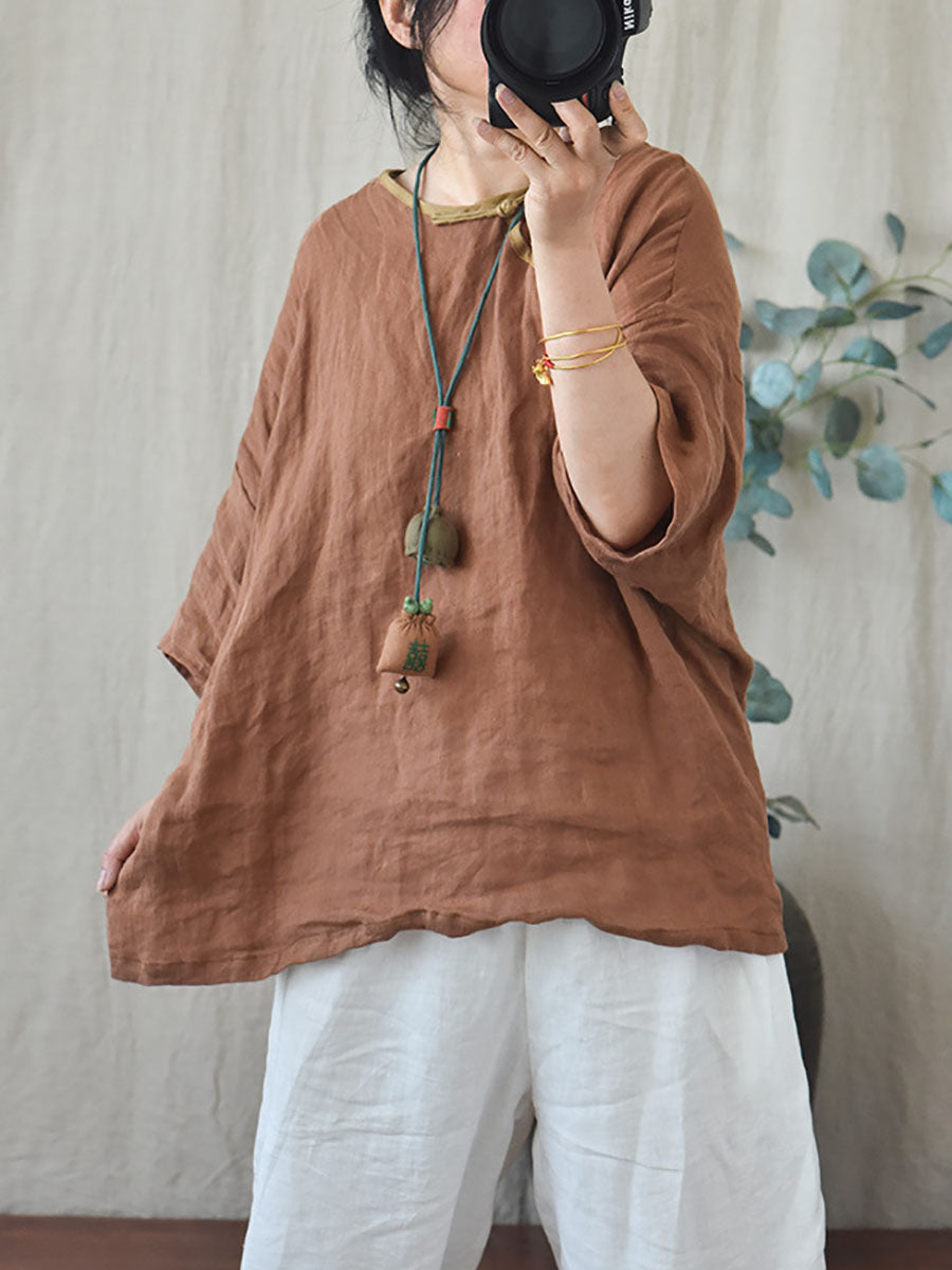 Women Summer Vintage Solid Loose O-Neck Linen Blouse