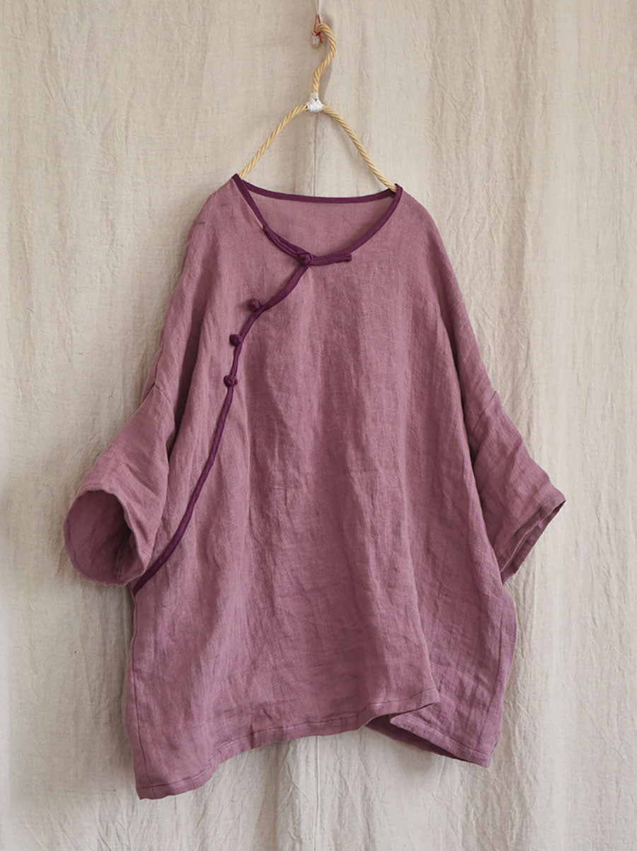 Women Summer Vintage Solid Loose O-Neck Linen Blouse