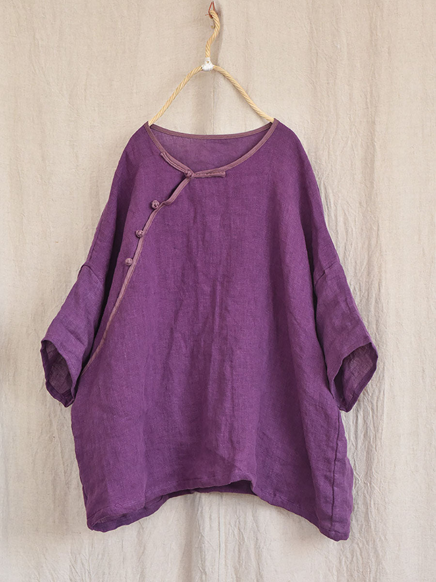 Women Summer Vintage Solid Loose O-Neck Linen Blouse