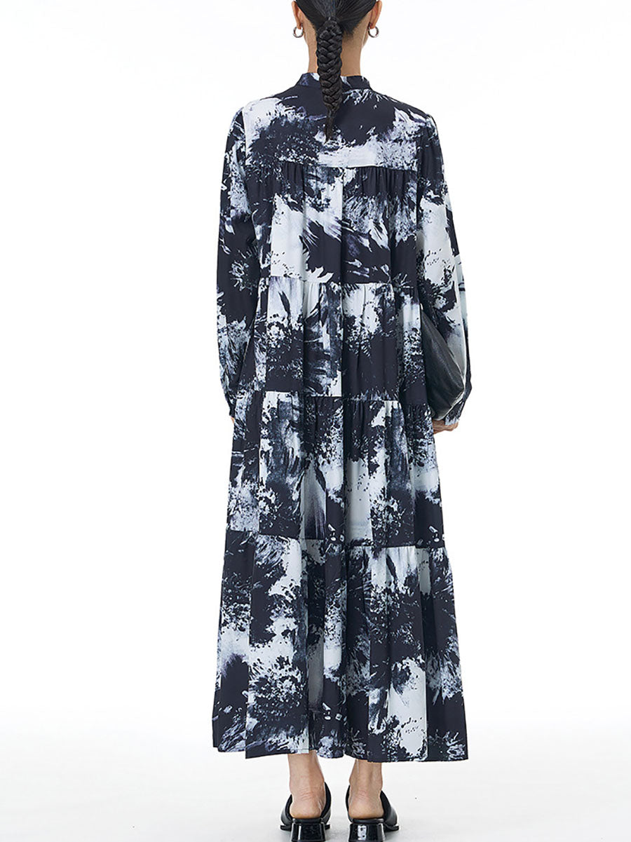 Women Autumn Artsy Tie-dye Button Tiered Dress