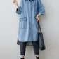 Women Autumn Vintage Three Quarter Sleeve Loose Denim Shirt Dress