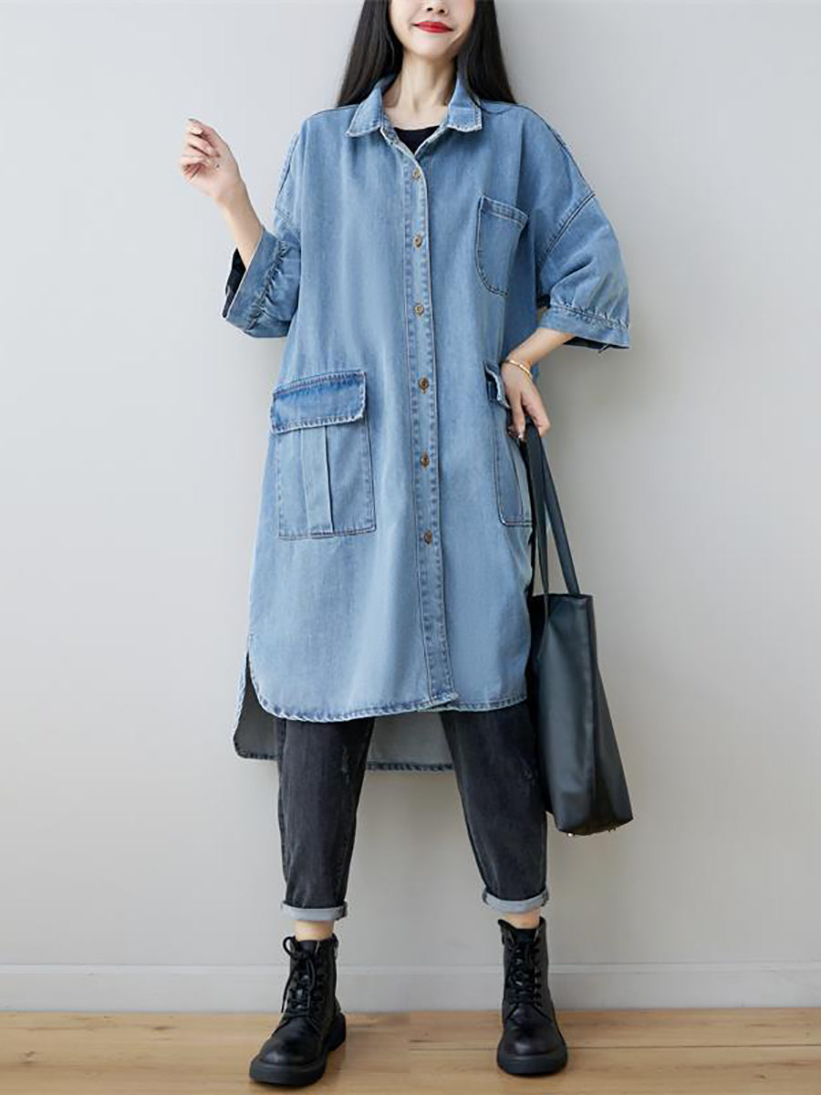 Women Autumn Vintage Three Quarter Sleeve Loose Denim Shirt Dress