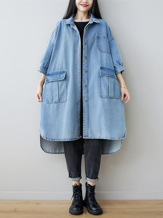 Women Autumn Vintage Three Quarter Sleeve Loose Denim Shirt Dress