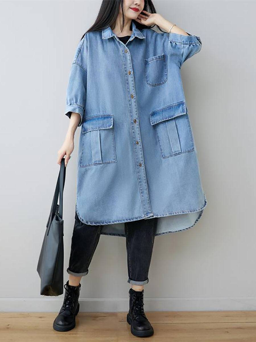 Women Autumn Vintage Three Quarter Sleeve Loose Denim Shirt Dress