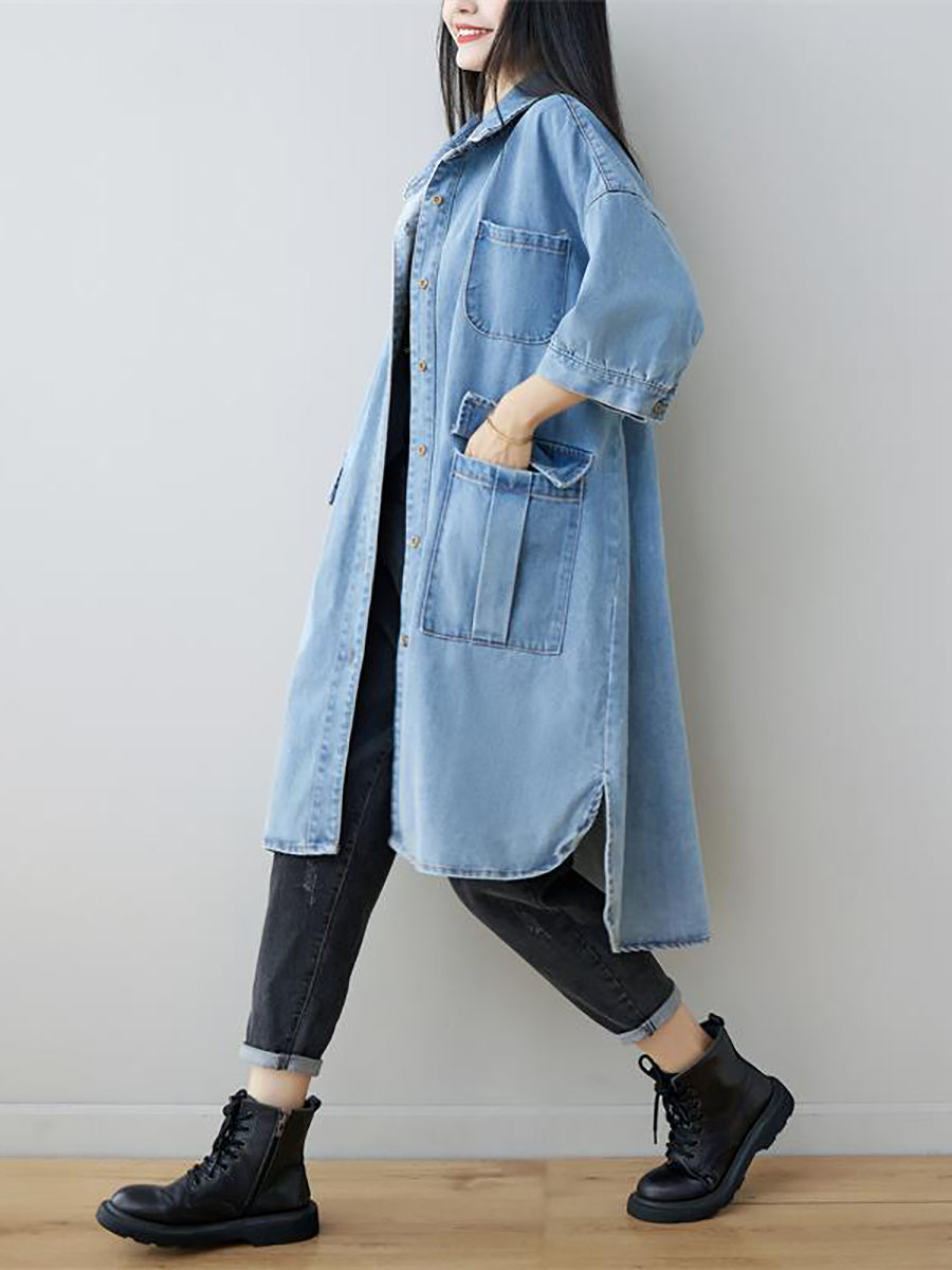 Women Autumn Vintage Three Quarter Sleeve Loose Denim Shirt Dress