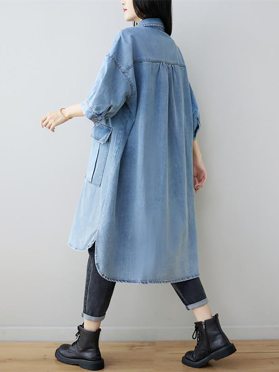 Women Autumn Vintage Three Quarter Sleeve Loose Denim Shirt Dress