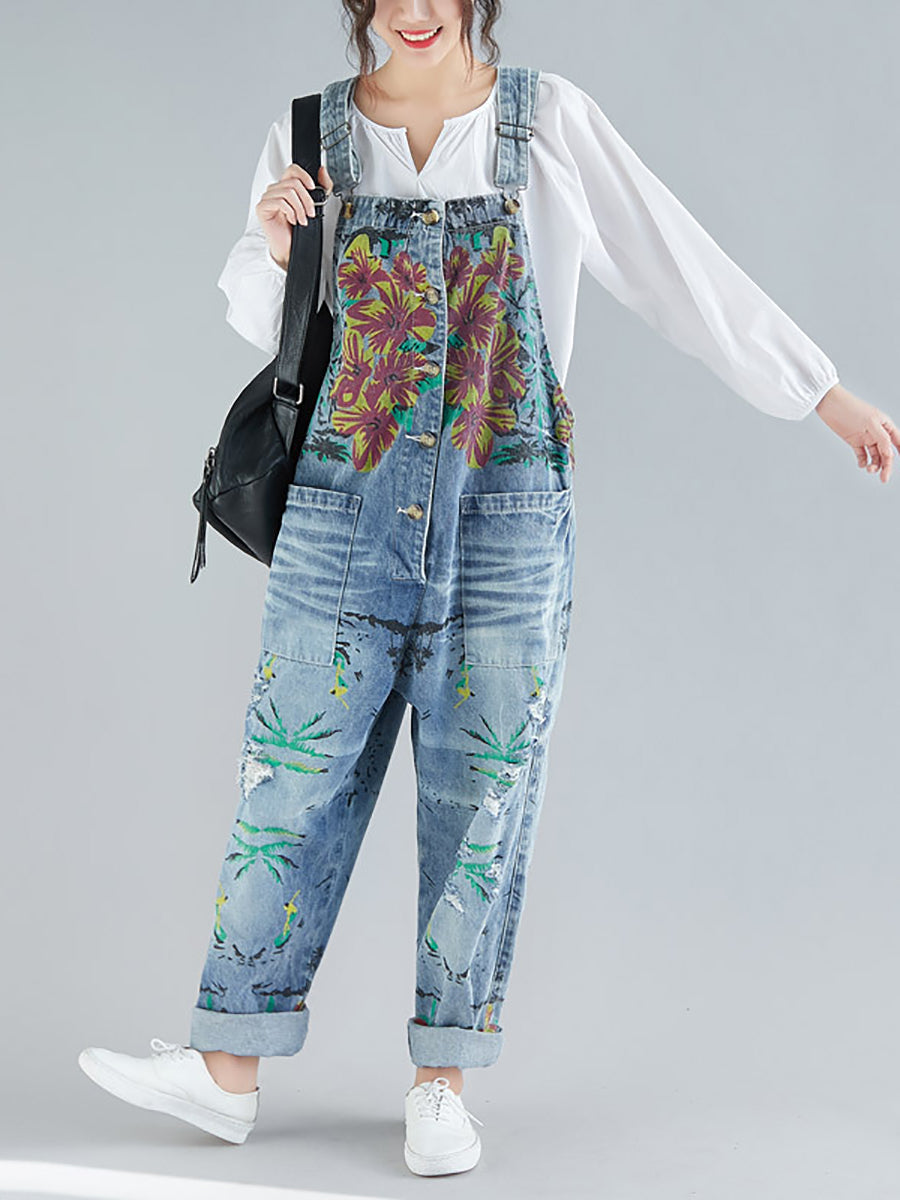 Women Summer Flower Denim Pocket Jumpsuits