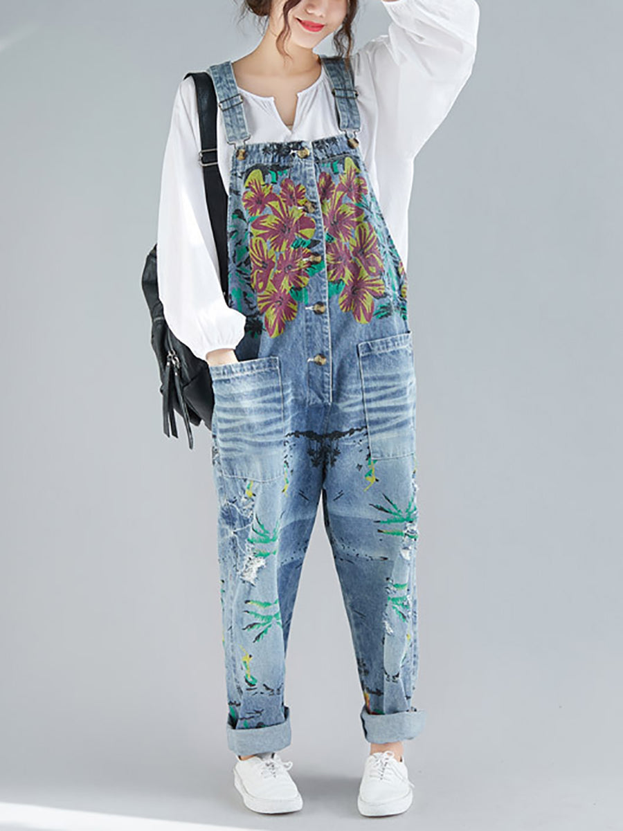 Women Summer Flower Denim Pocket Jumpsuits