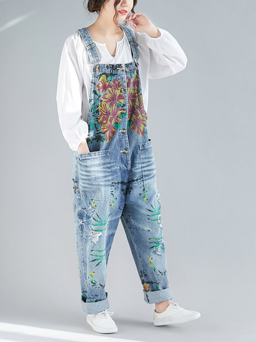 Women Summer Flower Denim Pocket Jumpsuits