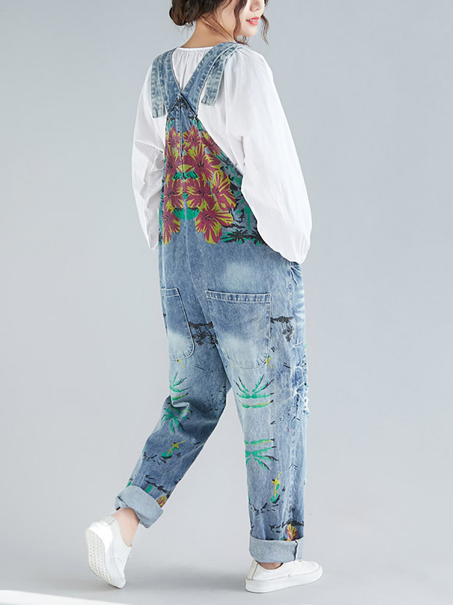 Women Summer Flower Denim Pocket Jumpsuits