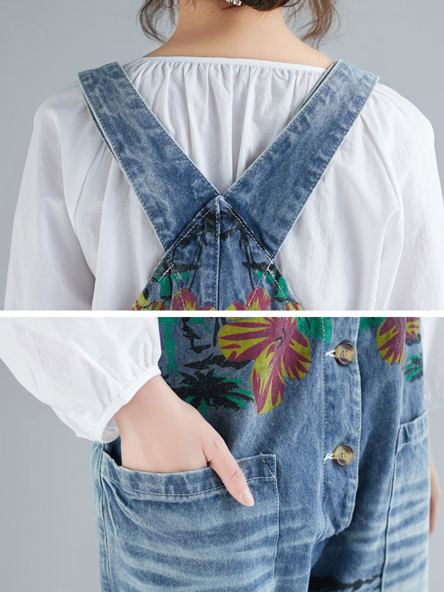 Women Summer Flower Denim Pocket Jumpsuits