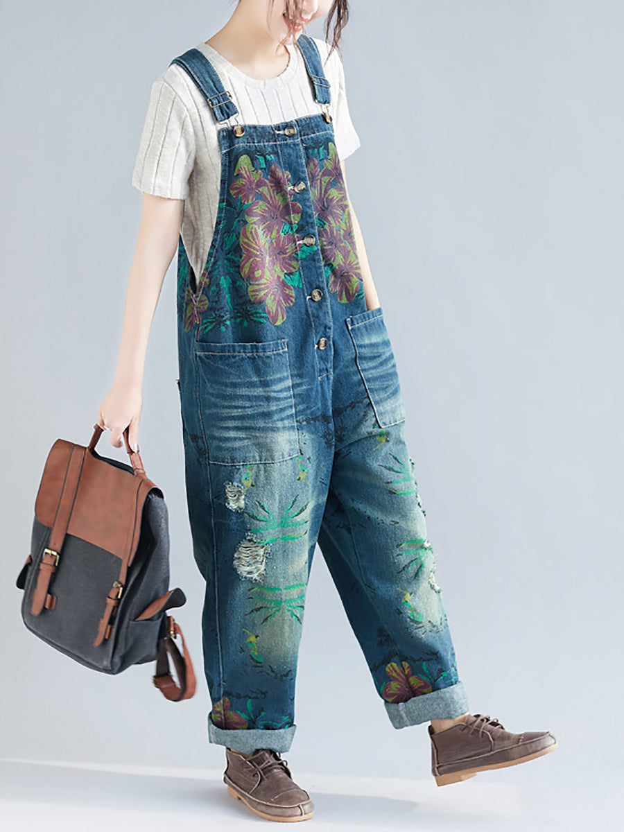 Women Summer Flower Denim Pocket Jumpsuits