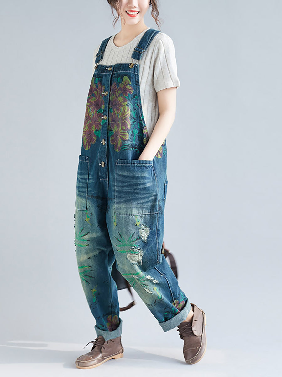 Women Summer Flower Denim Pocket Jumpsuits