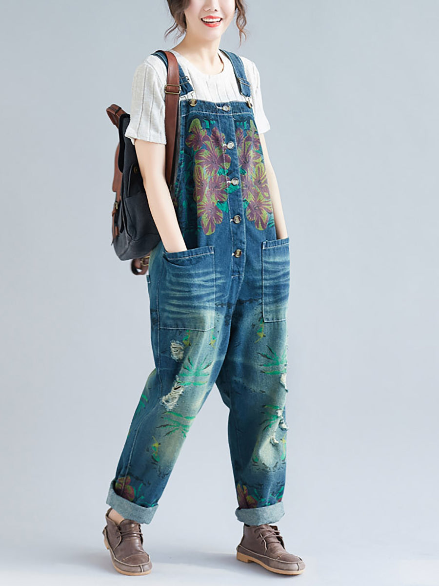 Women Summer Flower Denim Pocket Jumpsuits