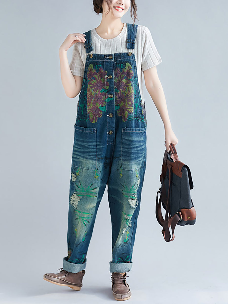 Women Summer Flower Denim Pocket Jumpsuits