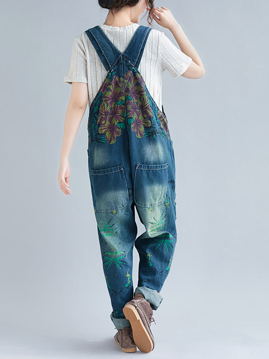 Women Summer Flower Denim Pocket Jumpsuits