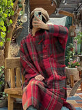 Women Vintage Plaid Winter Button Cotton Robe Coat