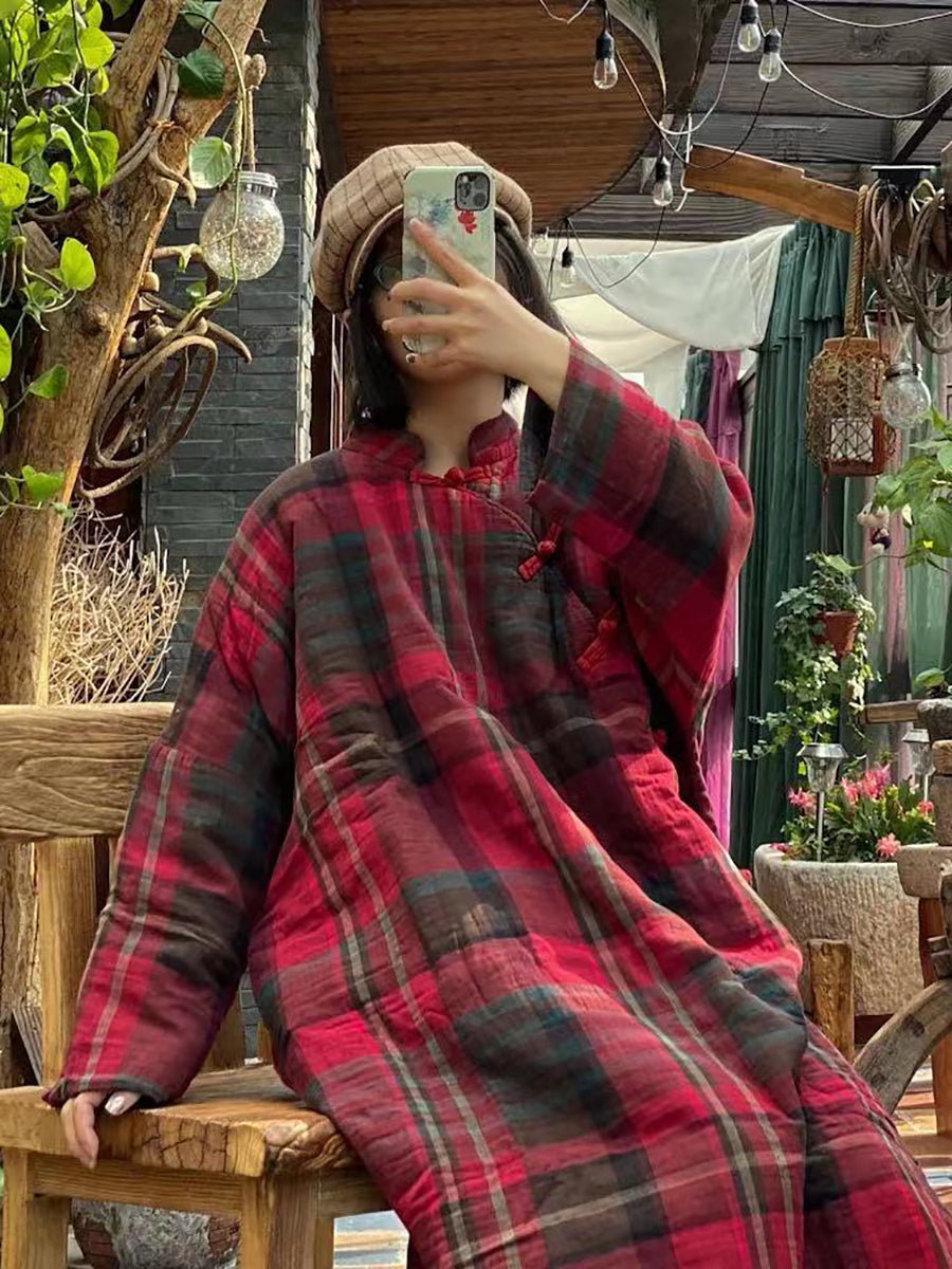 Women Vintage Plaid Winter Button Cotton Robe Coat