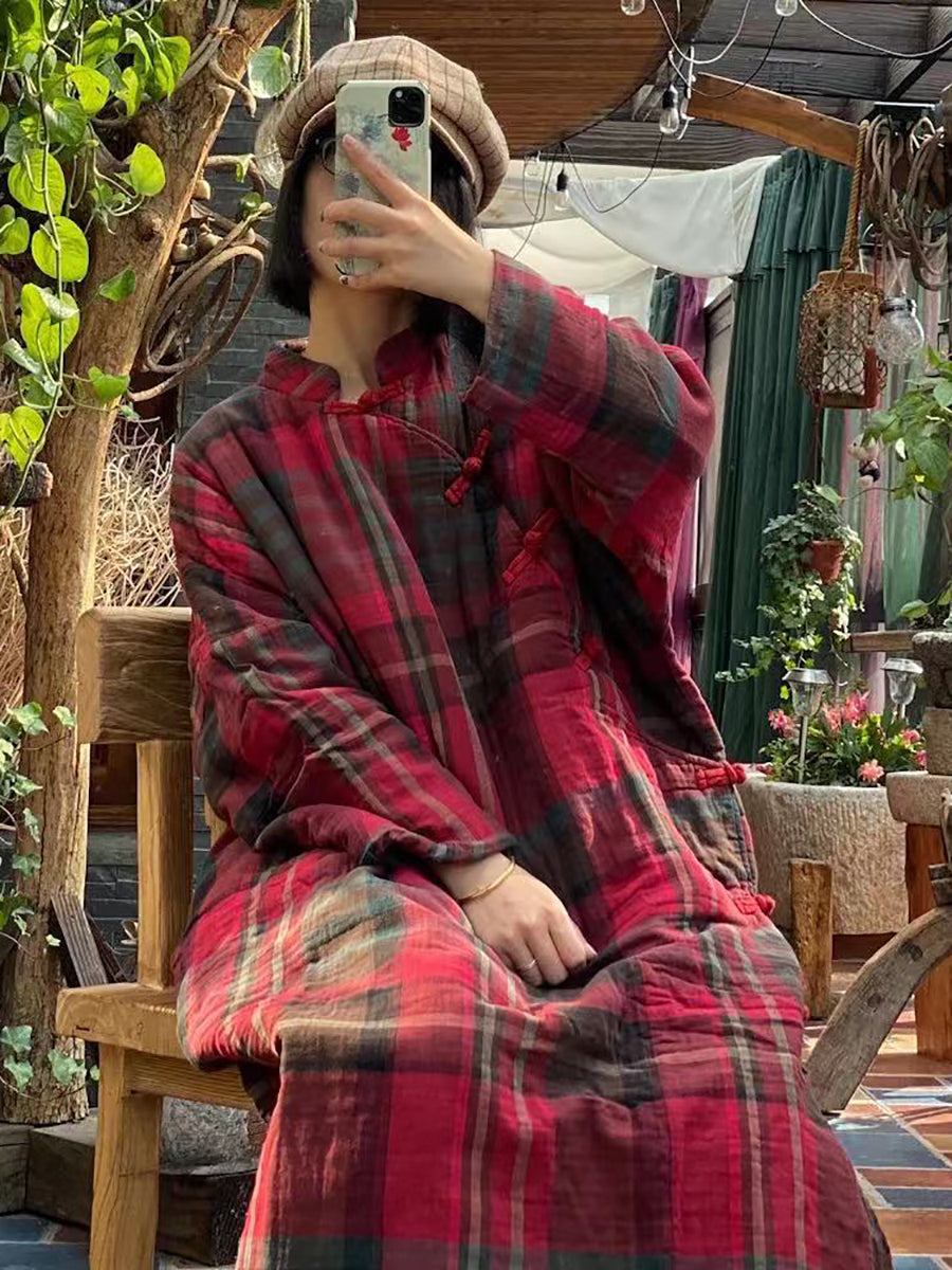 Women Vintage Plaid Winter Button Cotton Robe Coat