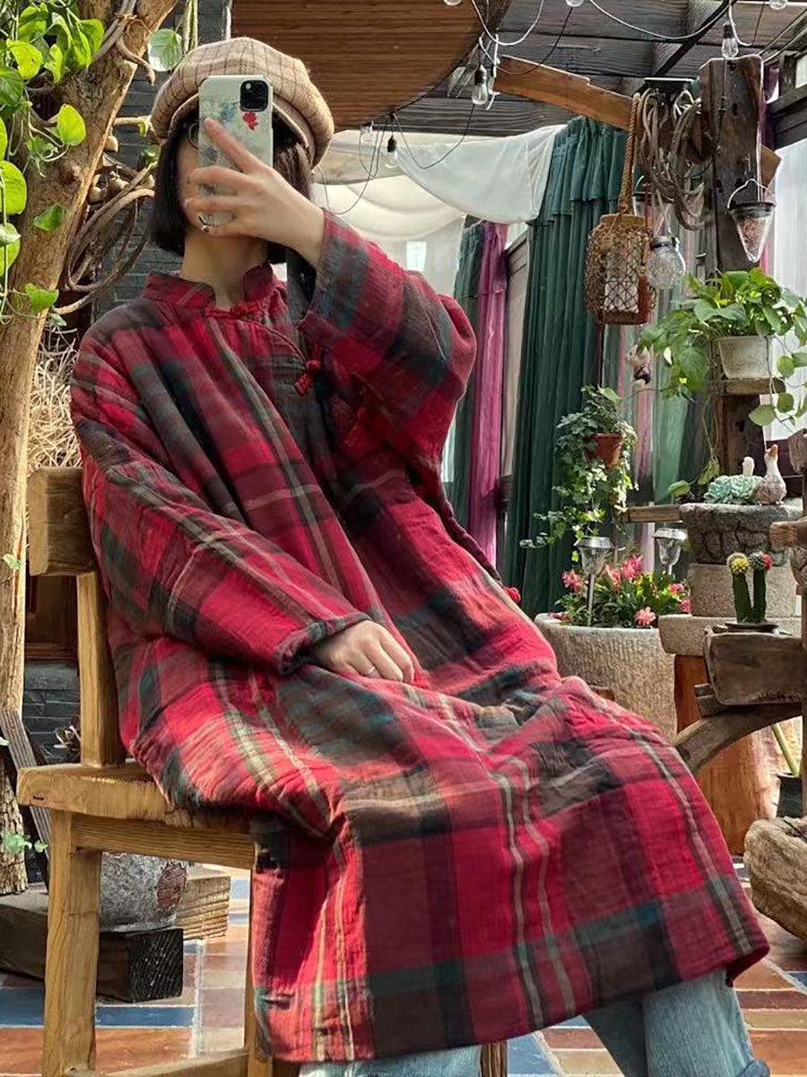 Women Vintage Plaid Winter Button Cotton Robe Coat