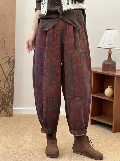 Women Autumn Retro Flower Spliced Cotton Harem Pants