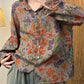 Women Autumn Flower Button-up Turn-down Collar Cotton Blouse