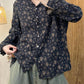 Women Autumn Flower Button-up Turn-down Collar Cotton Blouse