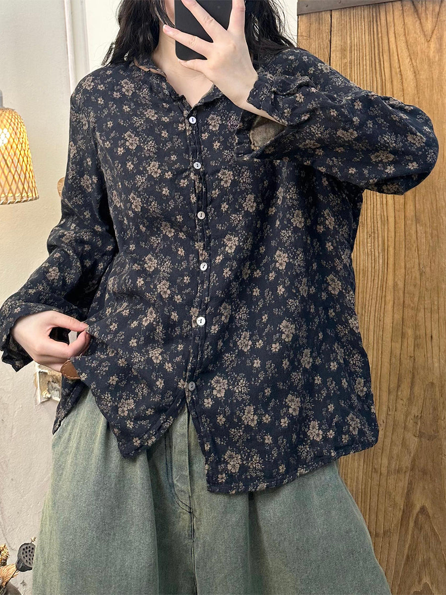 Women Autumn Flower Button-up Turn-down Collar Cotton Blouse