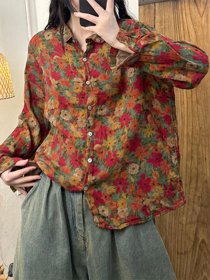 Women Autumn Flower Button-up Turn-down Collar Cotton Blouse