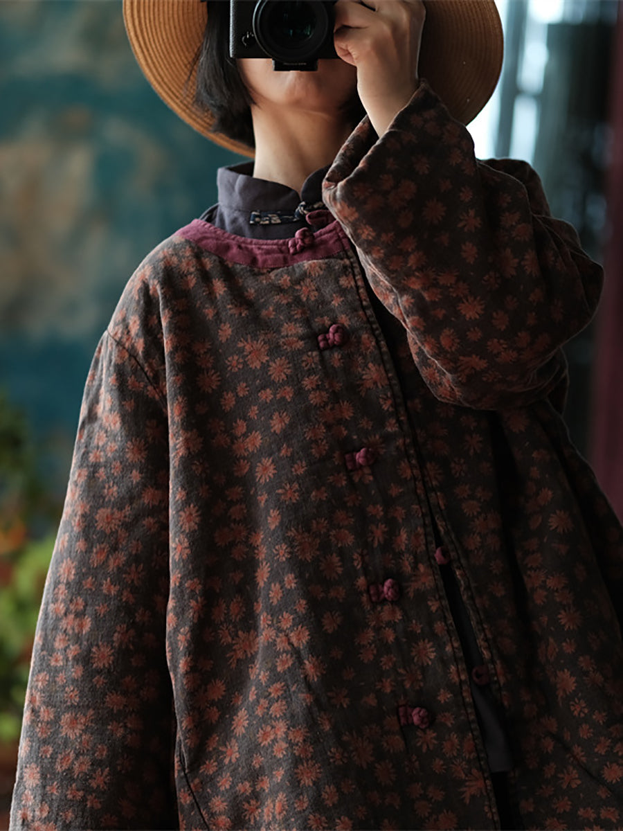 Women Autumn Floral Button O-Neck Cotton Jacket