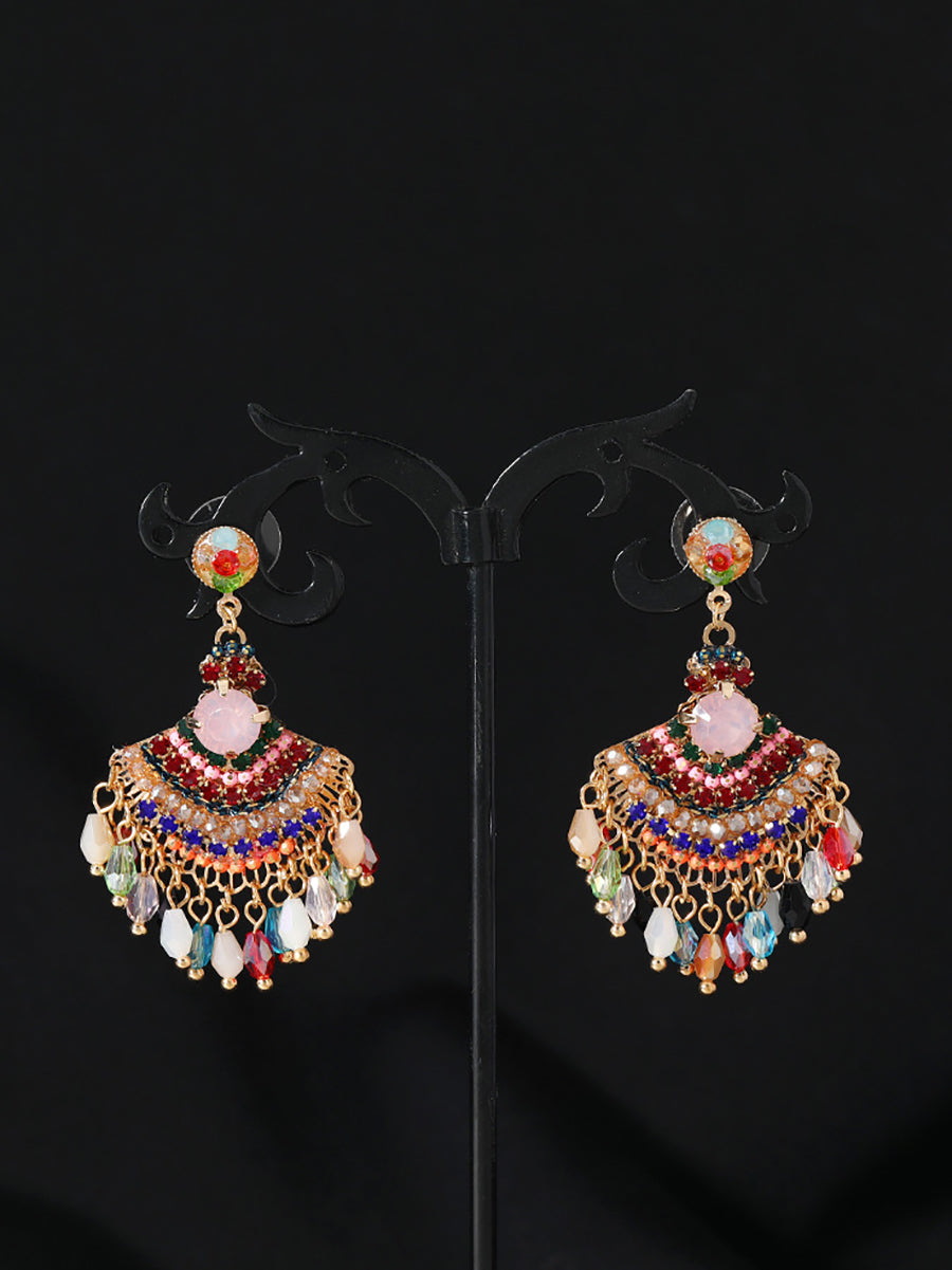 Women Vintage Crystal Tassel Fan Shape Earrings