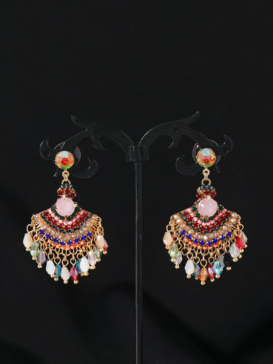 Women Vintage Crystal Tassel Fan Shape Earrings