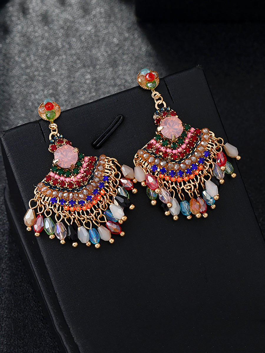 Women Vintage Crystal Tassel Fan Shape Earrings