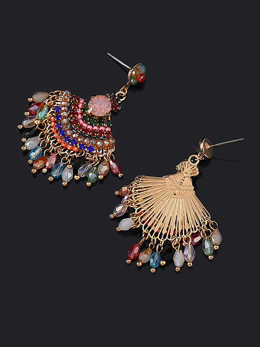 Women Vintage Crystal Tassel Fan Shape Earrings