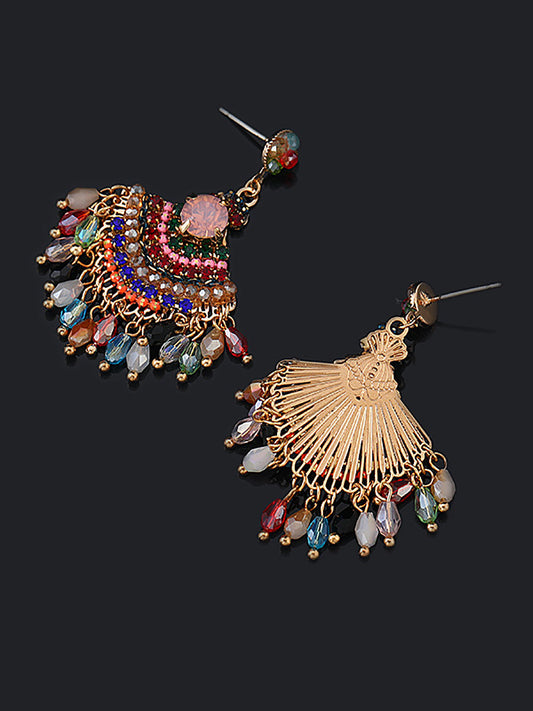 Women Vintage Crystal Tassel Fan Shape Earrings