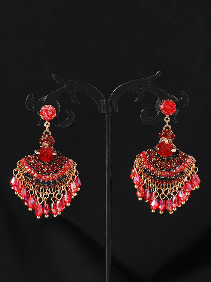 Women Vintage Crystal Tassel Fan Shape Earrings