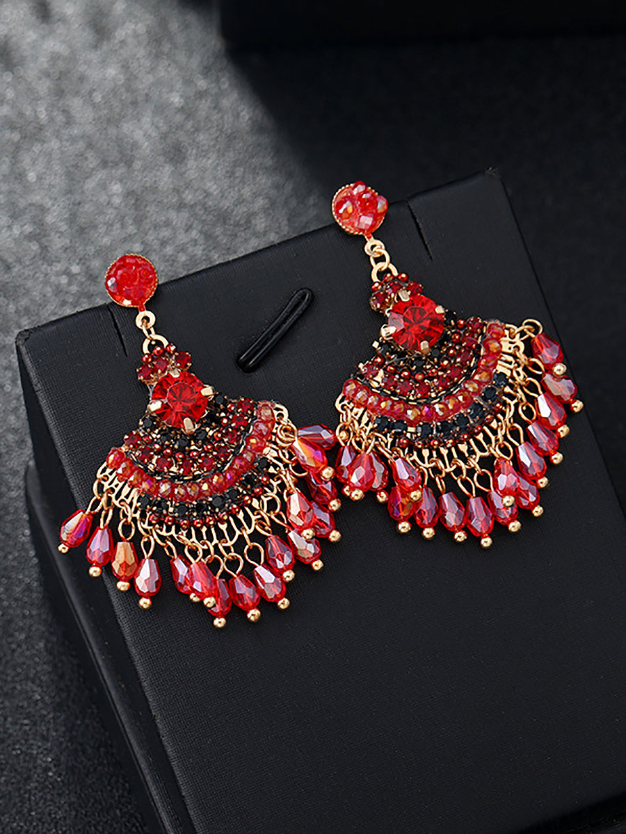 Women Vintage Crystal Tassel Fan Shape Earrings