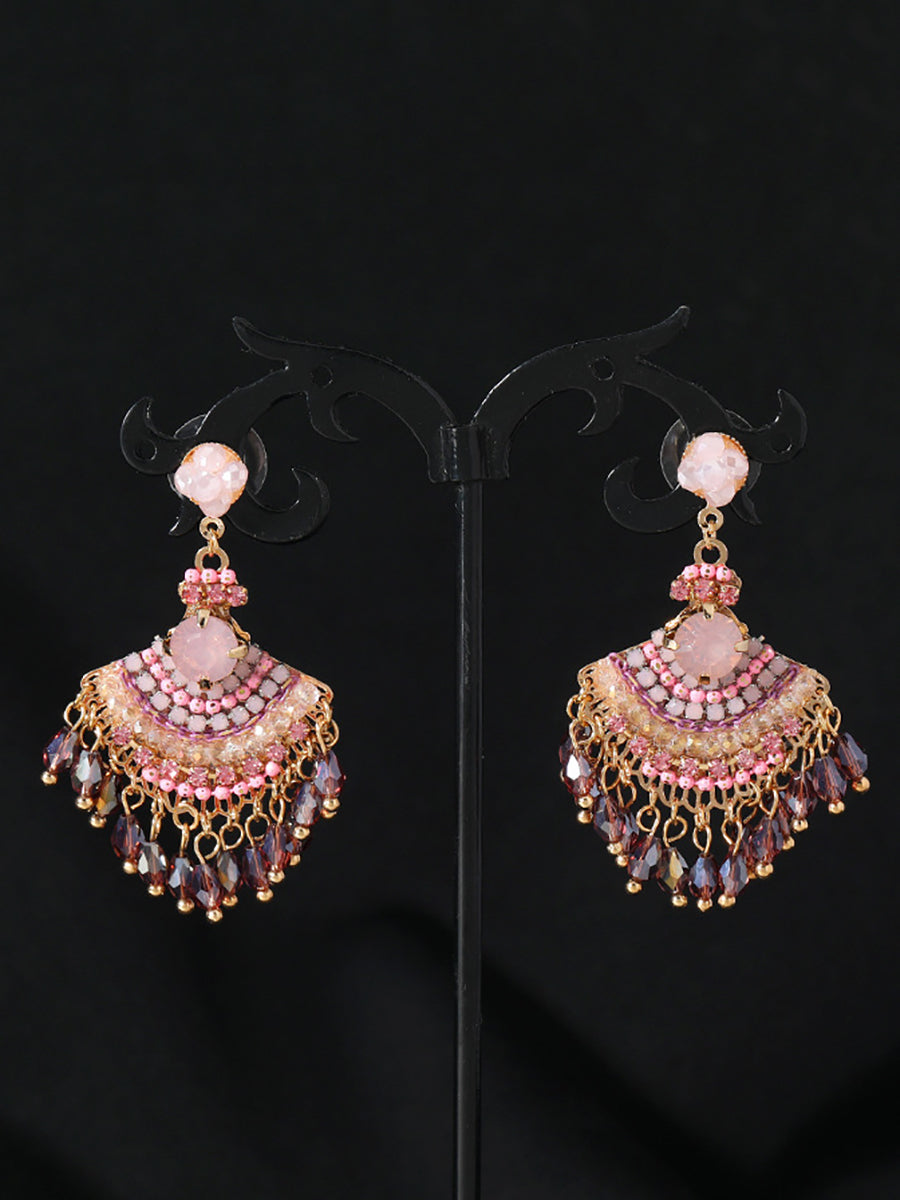 Women Vintage Crystal Tassel Fan Shape Earrings