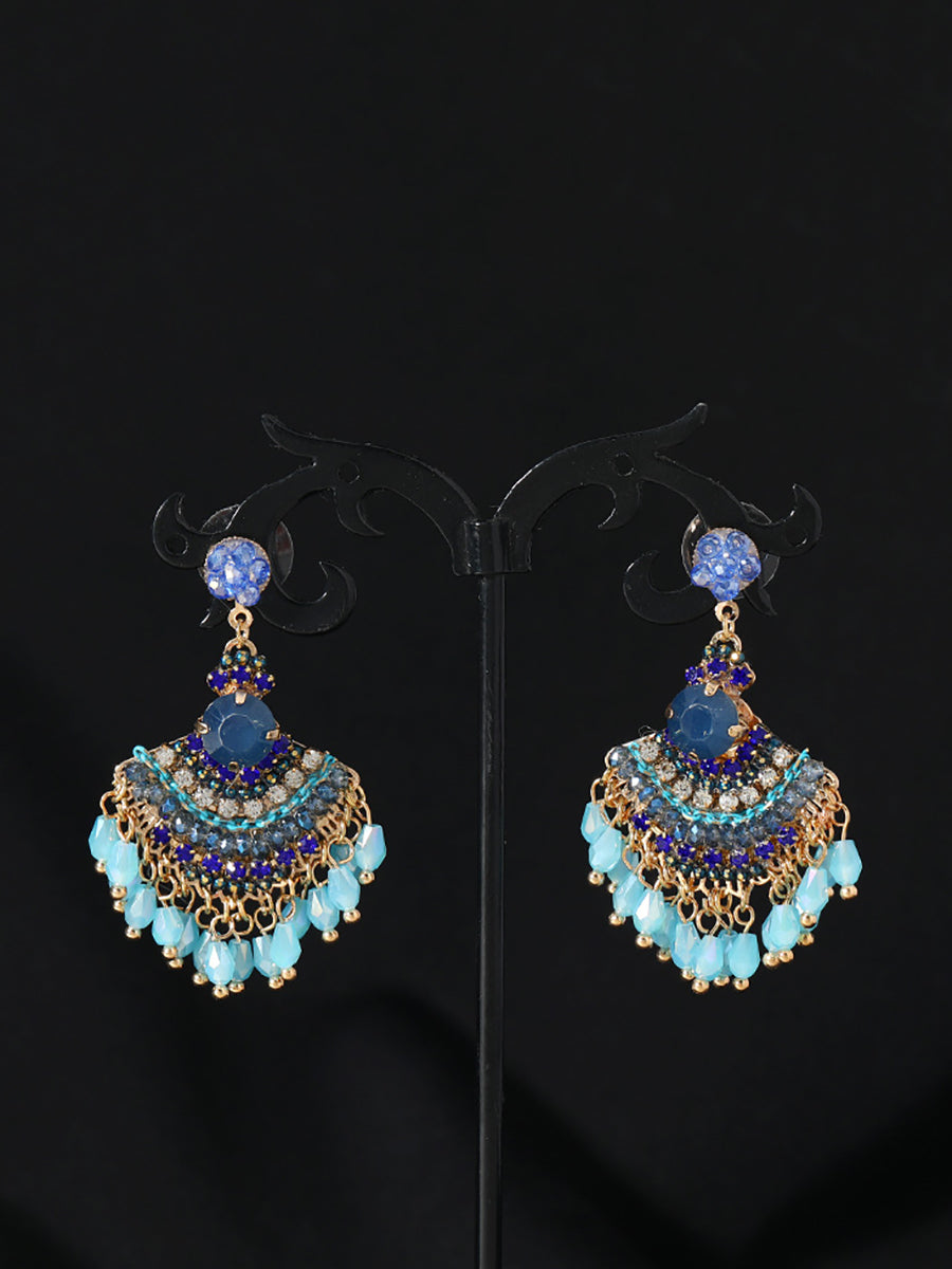 Women Vintage Crystal Tassel Fan Shape Earrings