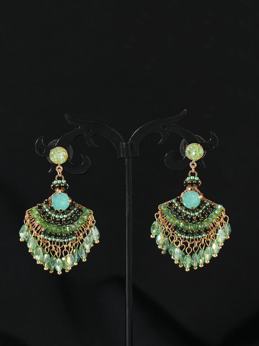 Women Vintage Crystal Tassel Fan Shape Earrings