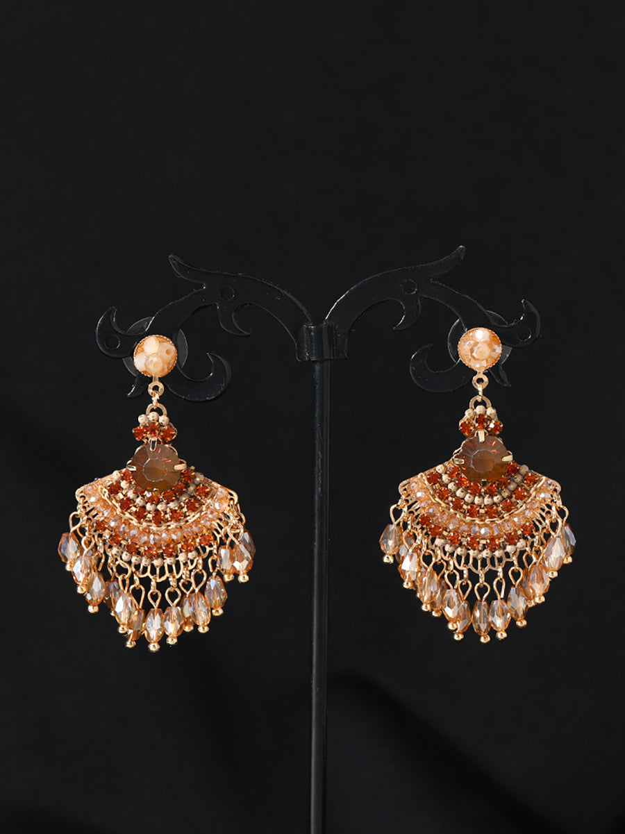 Women Vintage Crystal Tassel Fan Shape Earrings