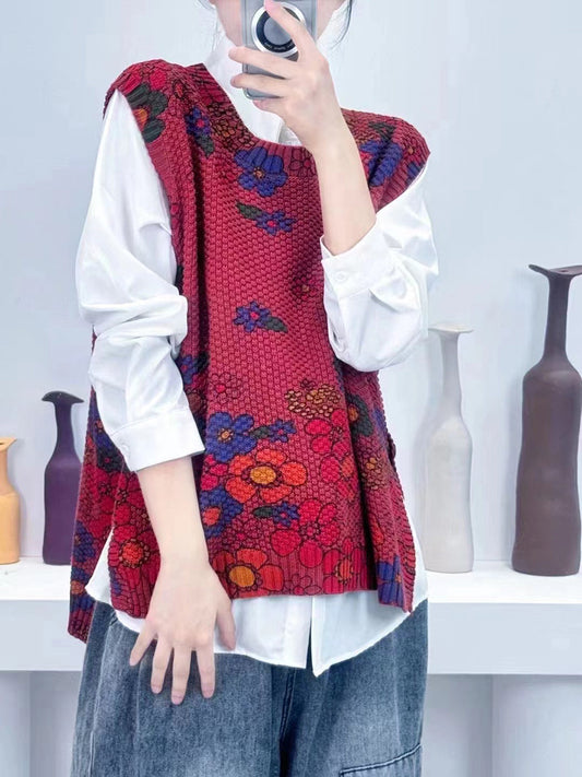 Women Autumn Casual Flower O-Neck Knit Vest