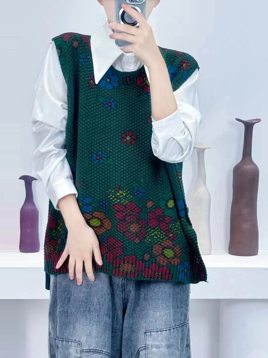 Women Autumn Casual Flower O-Neck Knit Vest